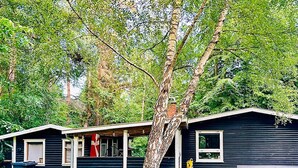 A single-story building with a porch, a flag, and a grill outside. - 4 Person Holiday Home in Frederiksvaerk (Frederiksvaerk)