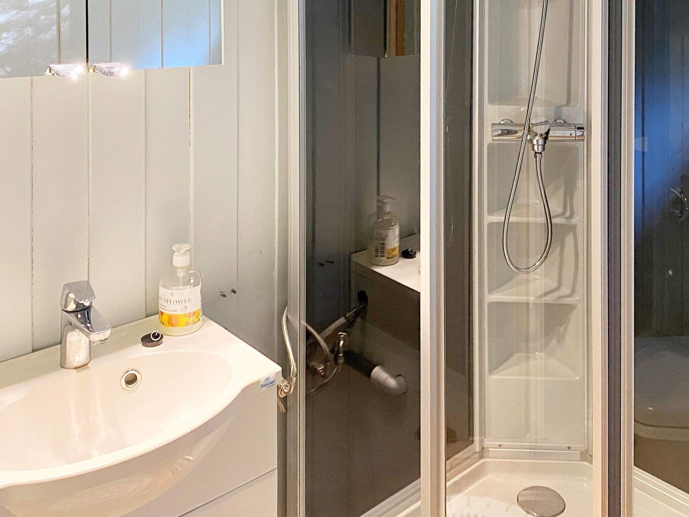 A bathroom with a sink, mirror, and shower.