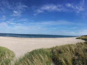 Une plage avec un ciel dégagé et une mer calme.
