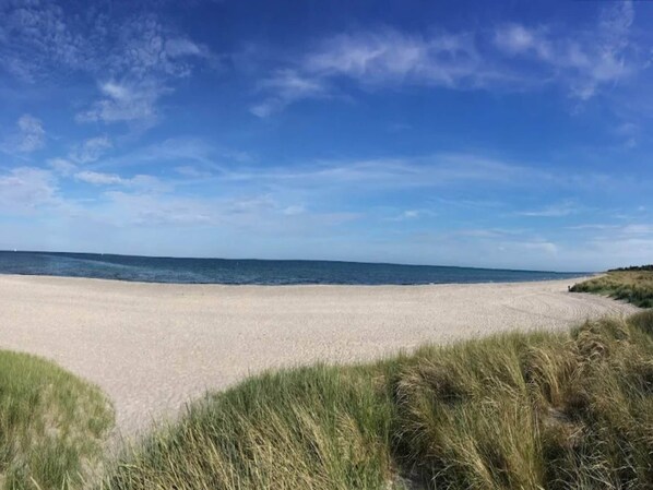 Une plage avec un ciel dégagé et une mer calme.