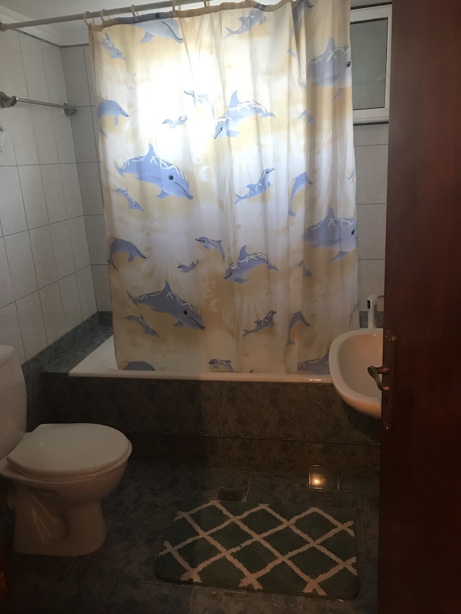 Et badeværelse med bruseforhæng med delfiner, et toilet, en vask og en gulvmåtte med et mønster.