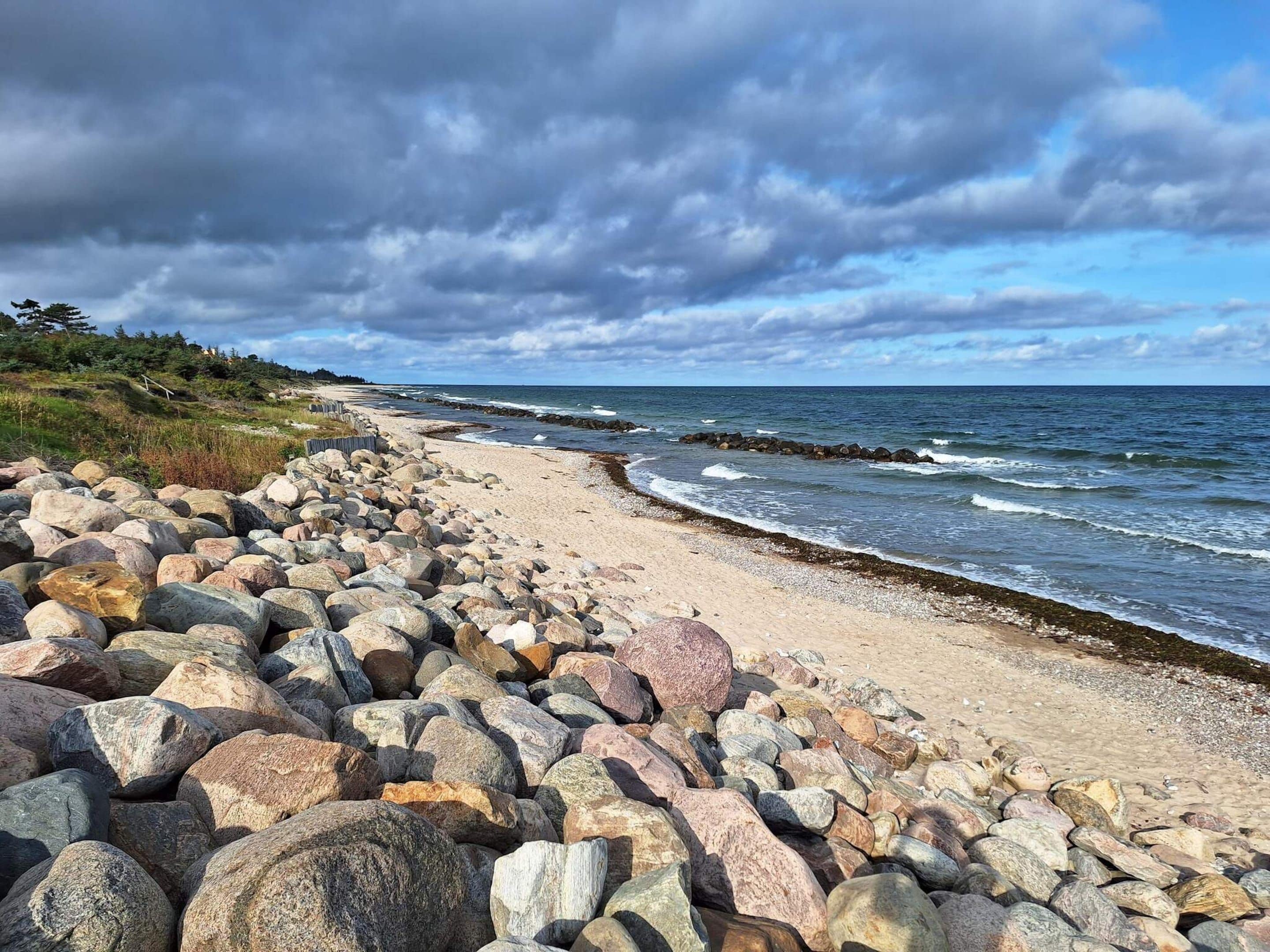 A rocky beach with waves, a clear sky, and a forested hillside.