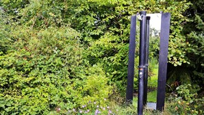 Une structure métallique noire à la base plate, entourée d’un feuillage vert et dense.