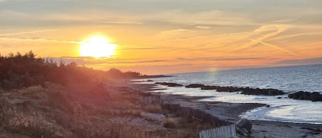 A coastal sunset with rocky terrain and sparse vegetation.