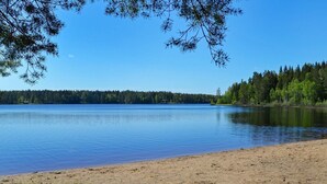 A lakeside view with a sandy beach and dense forest in the background. - 7 Person Holiday Home in Jarbo-by Traum (Jarbo)