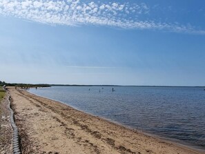 Une plage avec un rivage sablonneux et une eau calme.