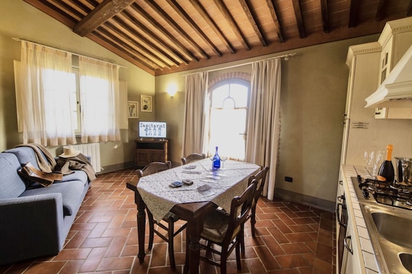 A dining area with a table, chairs, and a kitchen area with a stove and sink.