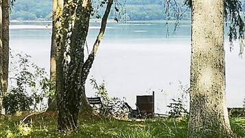 A lakeside view with a bench and a table under trees.