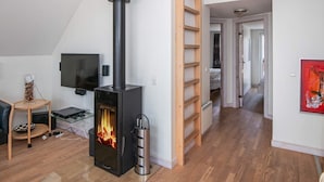 Ein modernes Schlafzimmer im Loft-Stil mit einem eingebauten Kaminofen, einem Fernseher und einem Schlafsofa mit rotem Kissen.