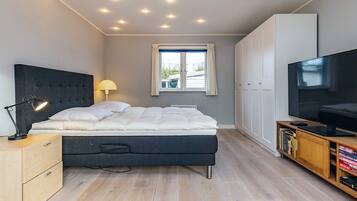 Un dormitorio con cama, lámpara de noche, televisor, armario y ventana.