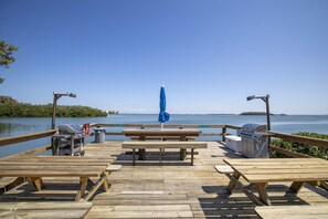 A wooden deck with picnic tables and grills, overlooking a body of water.