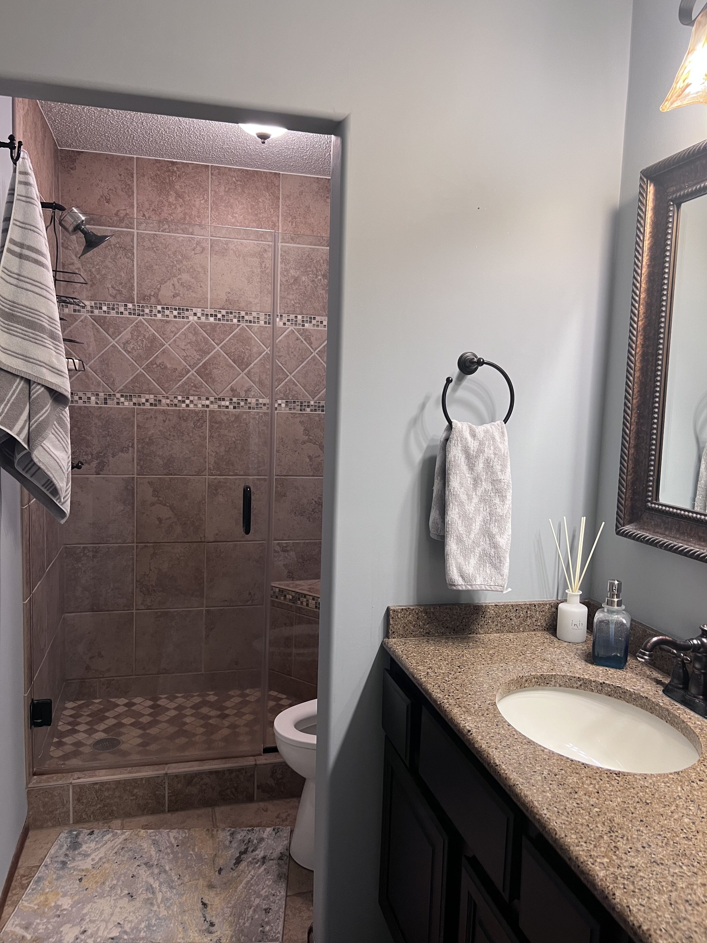 シャワー、ヘアドライヤー、タオル、石鹸