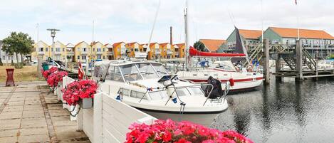 Uma marina com barcos atracados, uma fileira de edifícios coloridos ao fundo e um caminho com canteiros de flores.