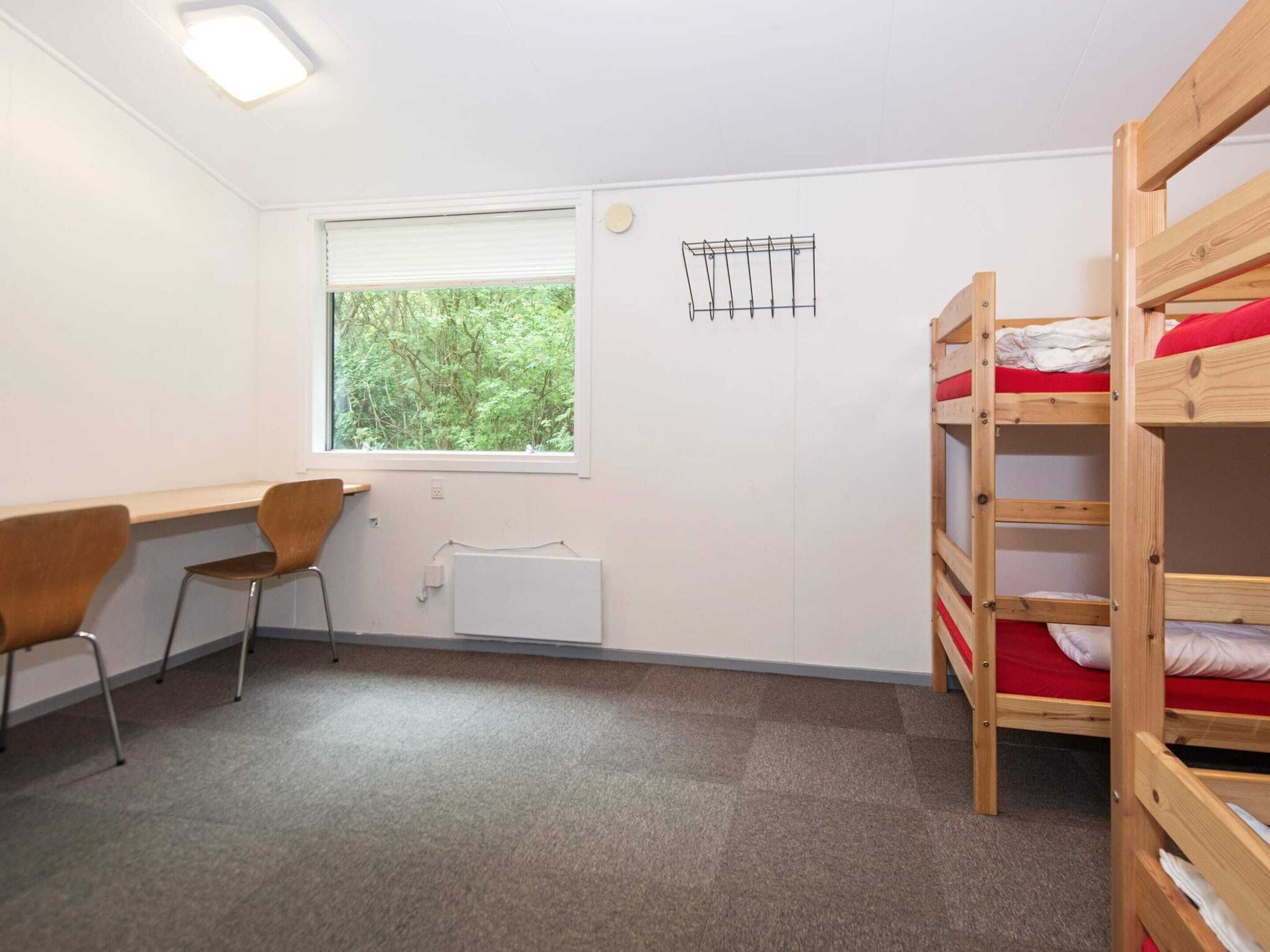 A dormitory room with bunk beds, a desk, a chair, a radiator, and a window with a view of trees.