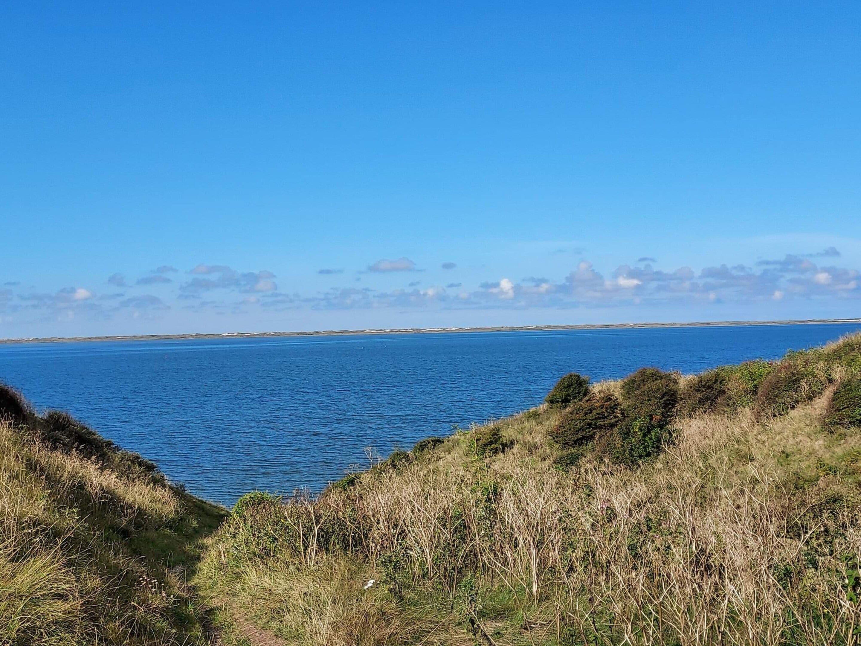 A coastal landscape with a clear sky and a view of the sea.