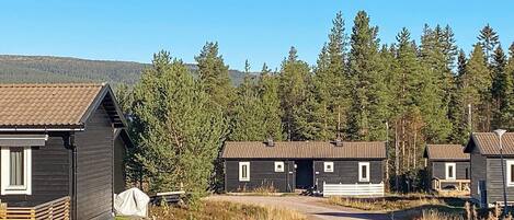 A row of cabins with a dirt path leading to them, surrounded by trees and a clear sky.