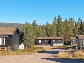 A row of cabins with a dirt path leading to them, surrounded by tall pine trees and a clear sky. - 4 Person Holiday Home in Salen (Salen)