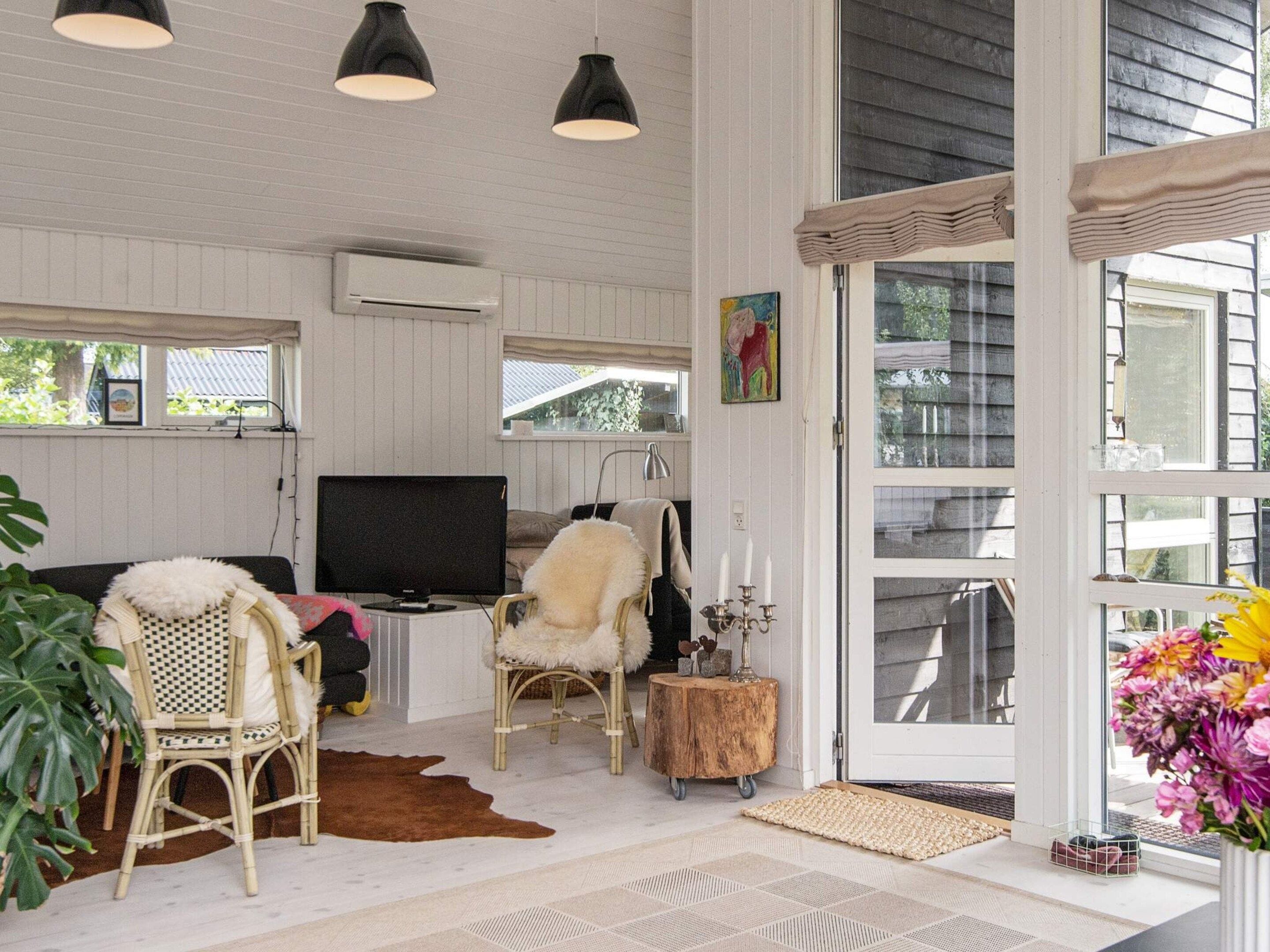 A room with a television, wicker chairs, a cowhide rug, and a large window.