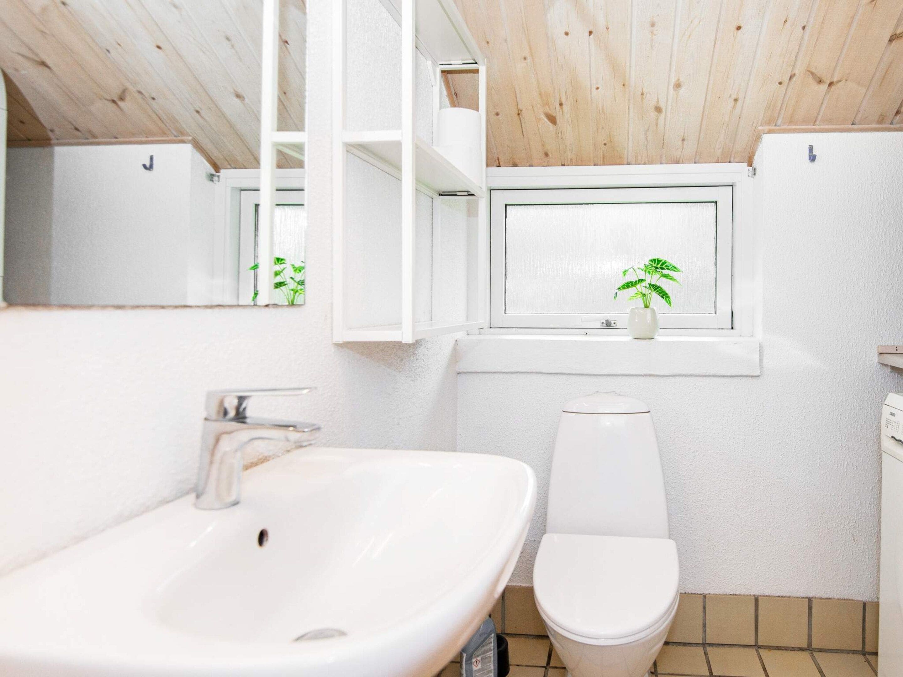 A bathroom with a white sink, toilet, and window with a plant.