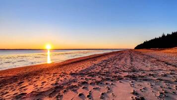 Una playa con huellas que se dirigen hacia la puesta de sol.
