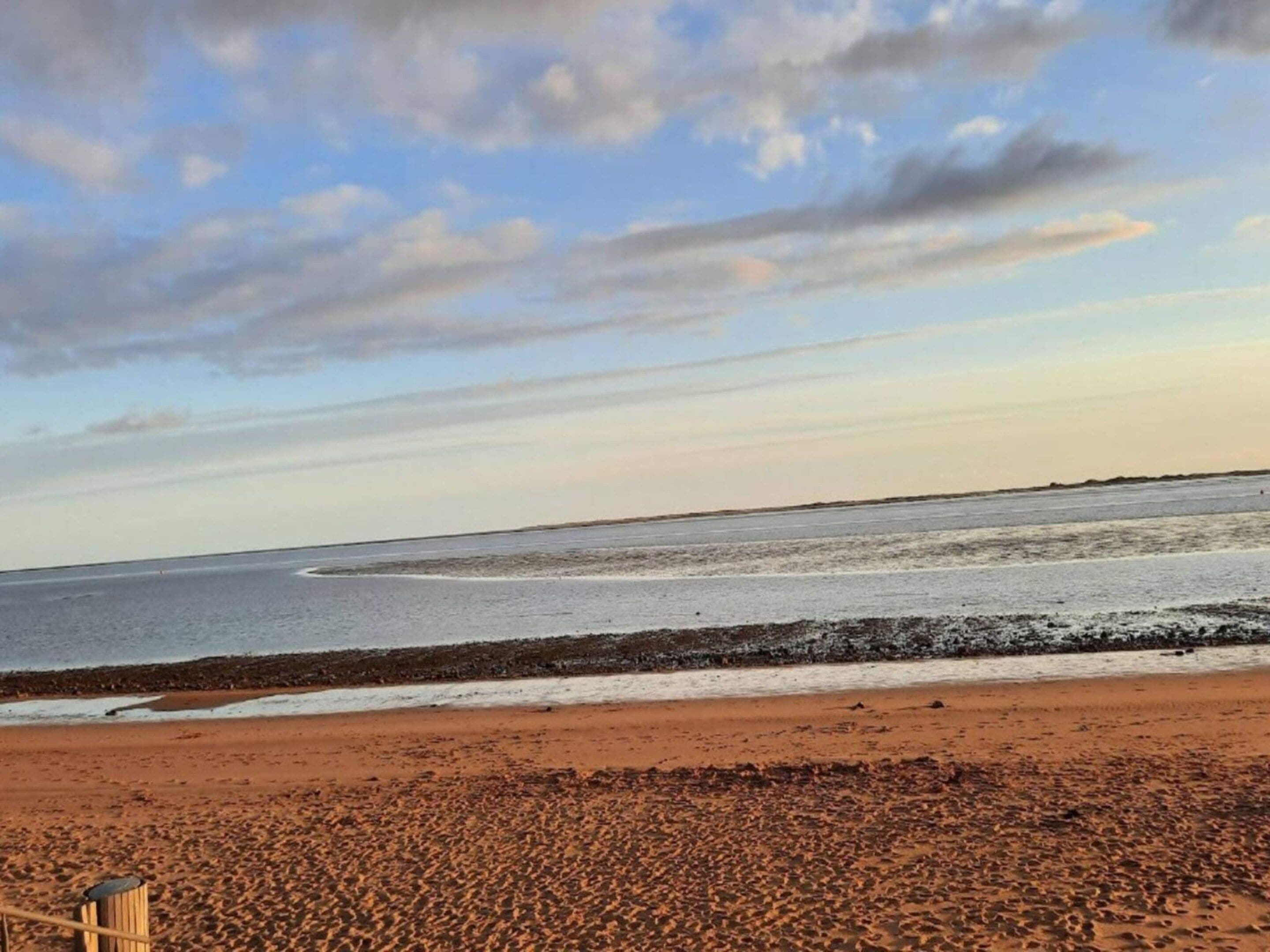 A beach with a sandy shore and a calm sea.