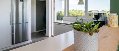A modern kitchen with a stainless steel refrigerator, a white countertop, and a potted plant.