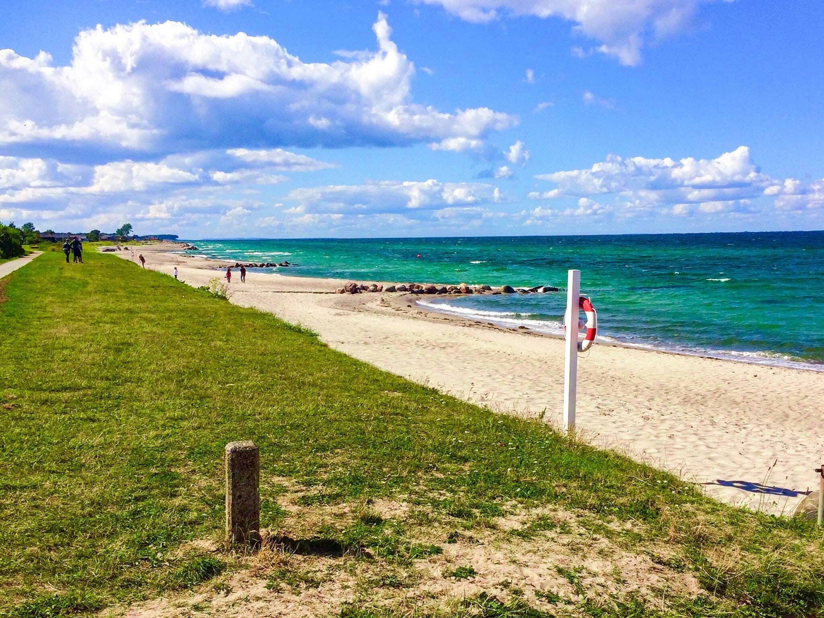 Une plage avec un sentier bordé d’herbe, une bouée de sauvetage et un ciel bleu dégagé.