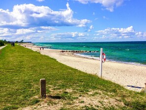 A beach with a grassy path, a lifebuoy, and a clear sky. - 4 Star Holiday Home in Otterup (Otterup)