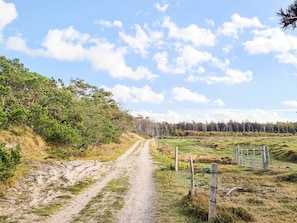 A rural dirt road leading through a field with a fence on the right and trees on the left.