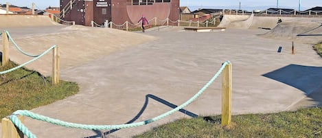 A skate park with a building labeled 'Thyboron Trawdoor' in the background.