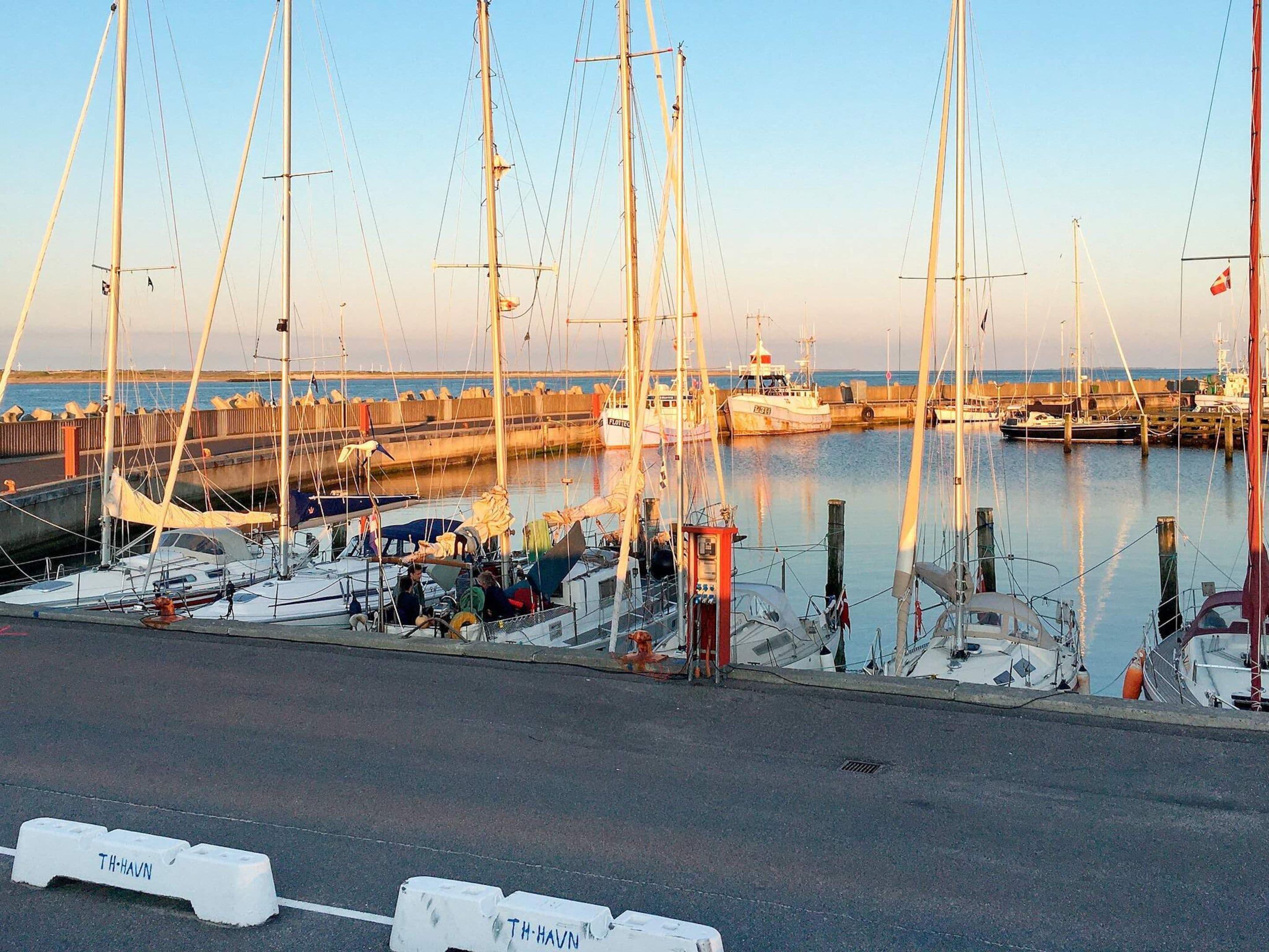 Ein Yachthafen mit mehreren Segelbooten an den Liegen, eine Holzsteganlage und ein klarer Himmel.