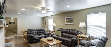 Smart TV, fireplace, video games, DVD player