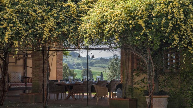 An outdoor dining area with a table and chairs, surrounded by a brick wall and covered with yellow flowering vines. - Luxury villa at 15 minutes driving from the seaside (Gavorrano)