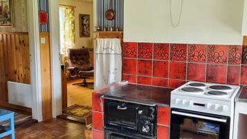 A kitchen with a vintage stove, a modern oven, and a red-tiled backsplash.