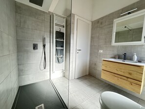 Shower, hair dryer, bidet, towels