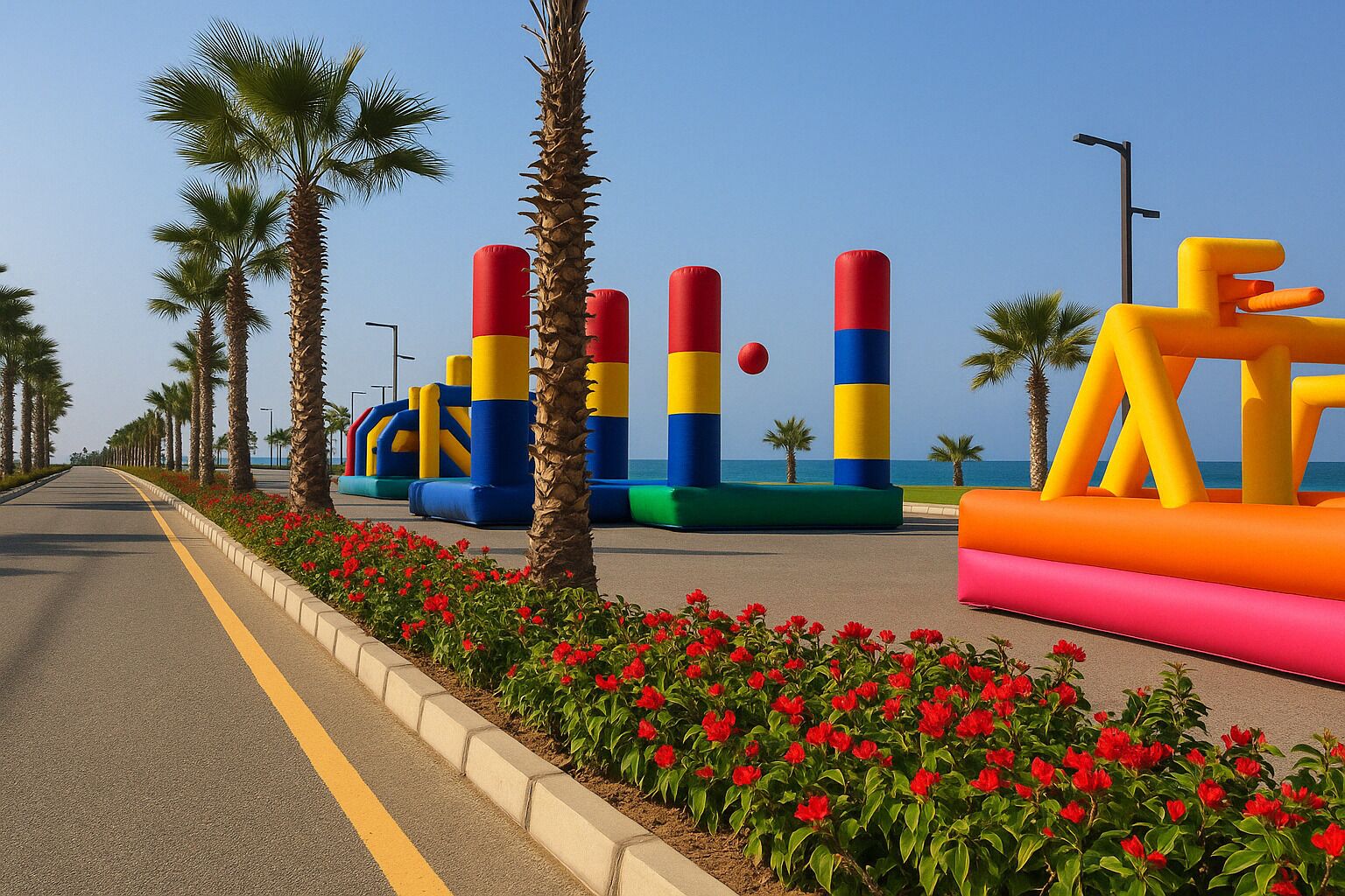 A coastal road with palm trees, red flowers, and colorful inflatable structures.