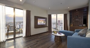 Romantic Studio Suite, 1 Bedroom, Balcony, Sea View | Living area | 45-inch Smart TV with satellite channels, TV