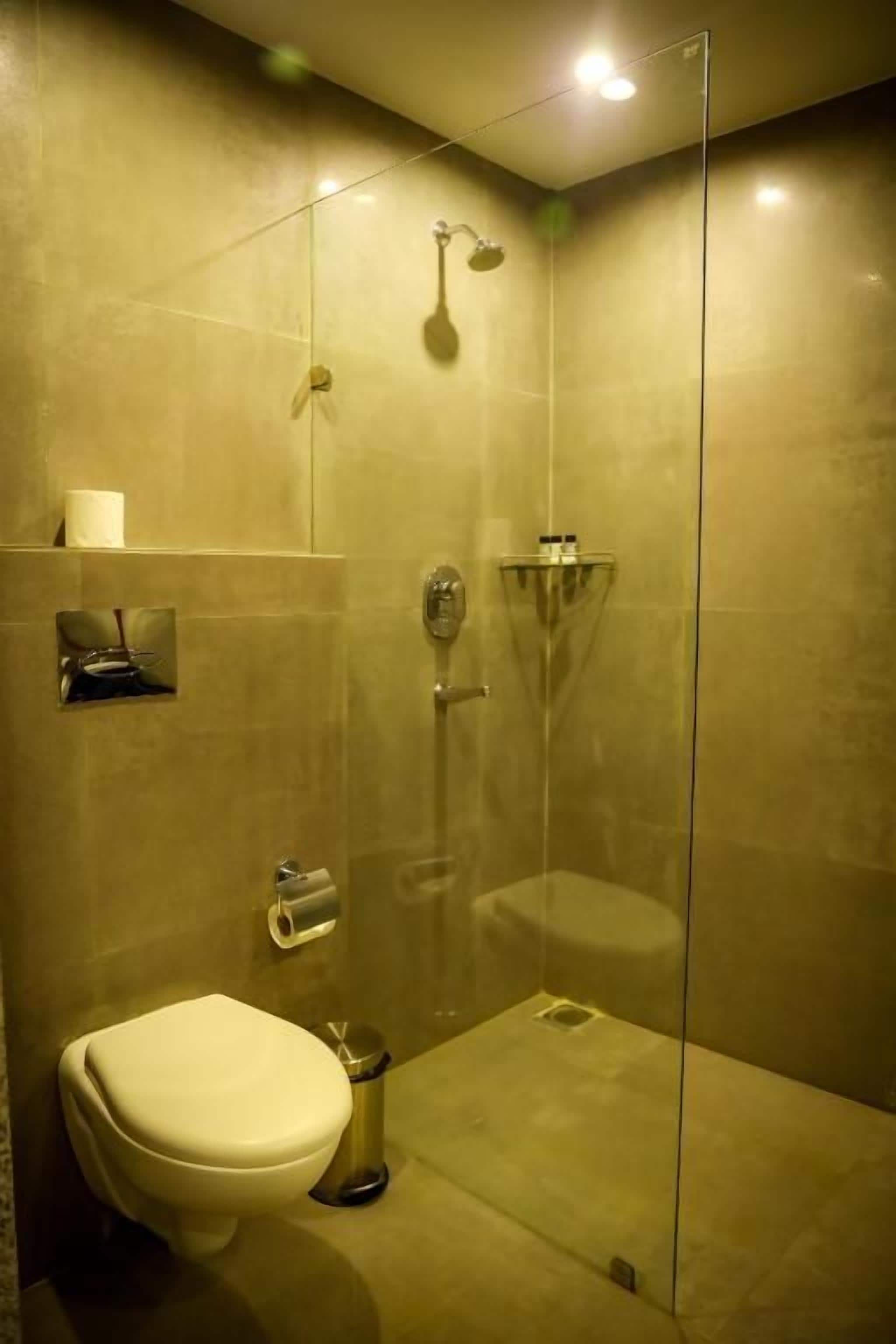 Et badeværelse med toilet, bruser og brusekabine med glasvægge.