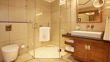 A modern bathroom with a glass-enclosed shower, a white toilet, and a wooden vanity with a mirror and sink.