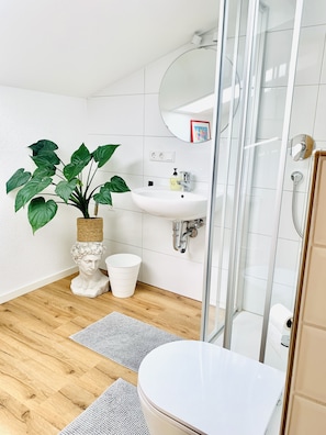 Shower, hair dryer, towels, soap