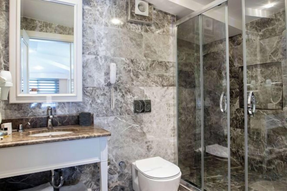 Shower, hair dryer, towels