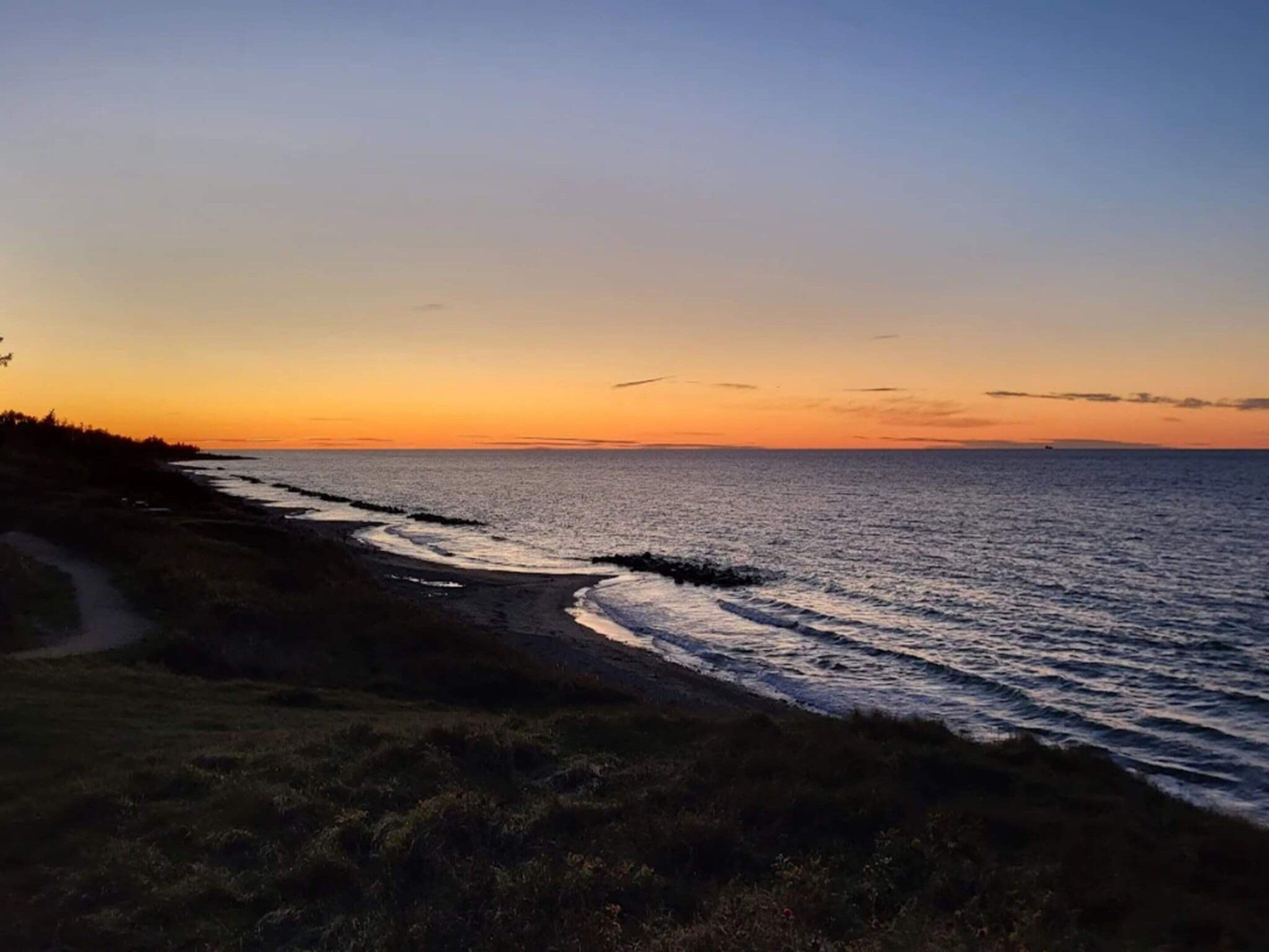A coastal landscape with a path leading to the sea, a clear sky, and a distant horizon.