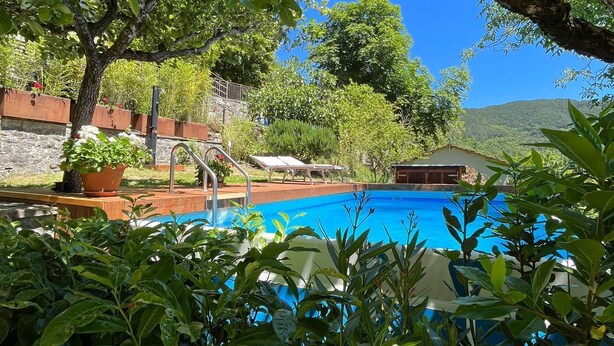 A swimming pool surrounded by lush greenery and a stone wall. - LASTRI HOUSE - IN THE HEART OF THE CASENTINO FORESTS PARK (Moggiona)