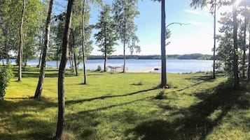 A grassy area with trees and a dock extending into a lake.