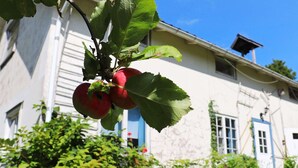 A building with a white exterior, blue doors, and a visible window. - 6 Person Holiday Home in Ostra Antervik-by Traum (Östra Ämtervik)