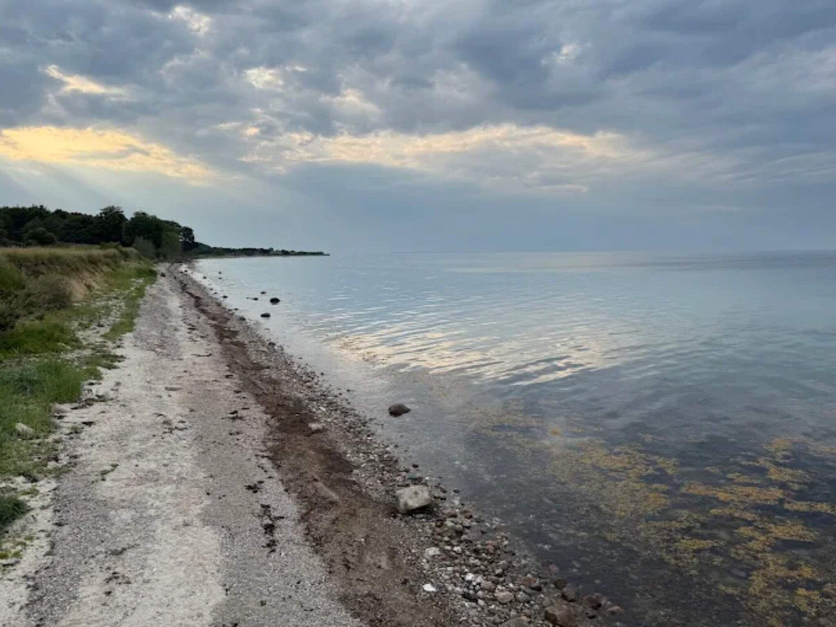 A coastal path with a view of the sea and distant land under a cloudy sky.