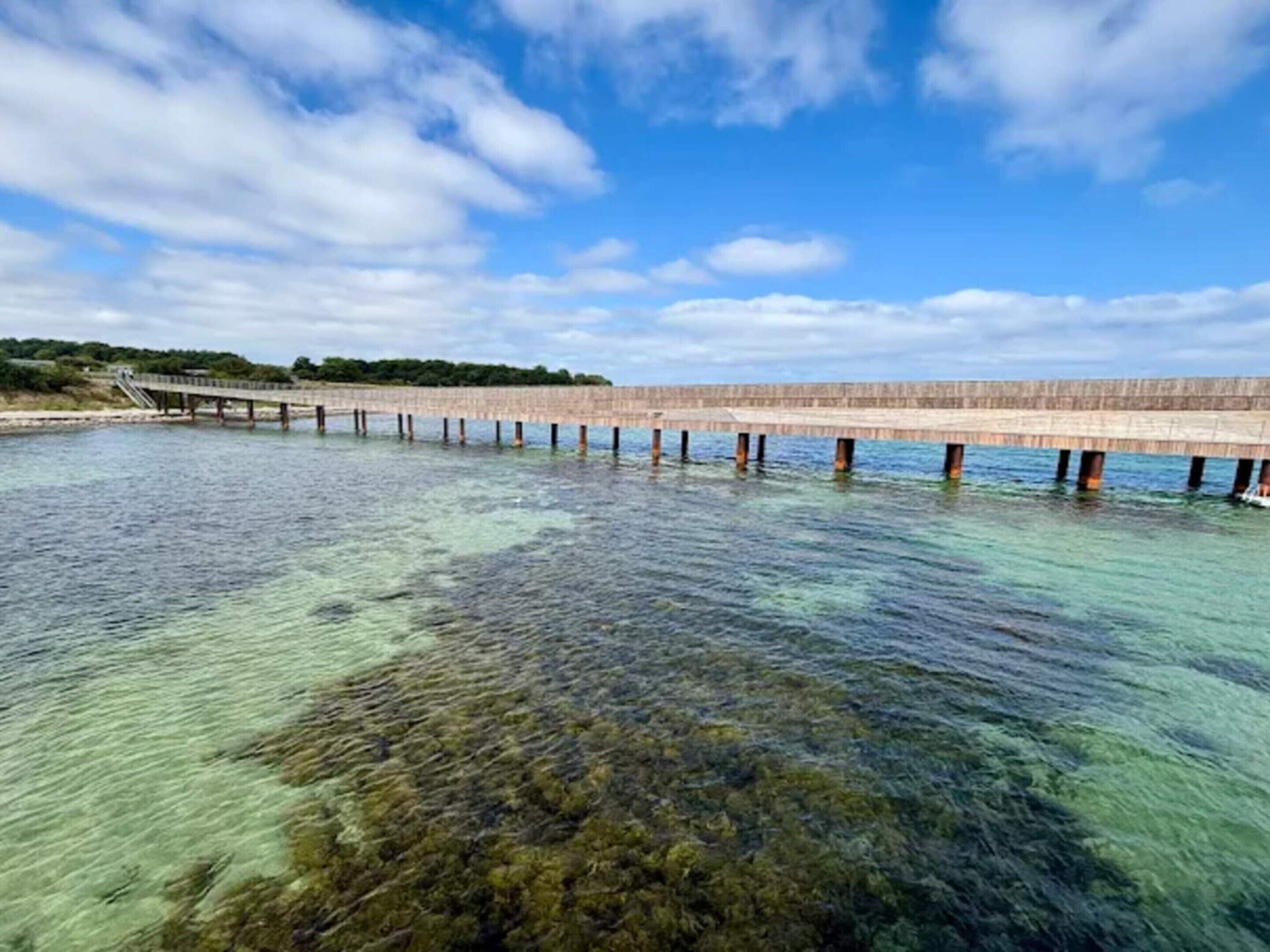 A pier extending into clear water with a wooden walkway and a distant shoreline.