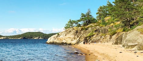 A beach with clear blue water, sandy shore, and rocky outcrops.