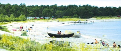 A beach with a boat, people sunbathing, and a forest in the background.