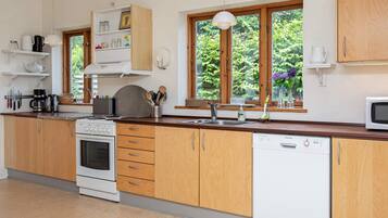 A modern kitchen with wooden cabinets, a stove, a dishwasher, and a window with a view of greenery.